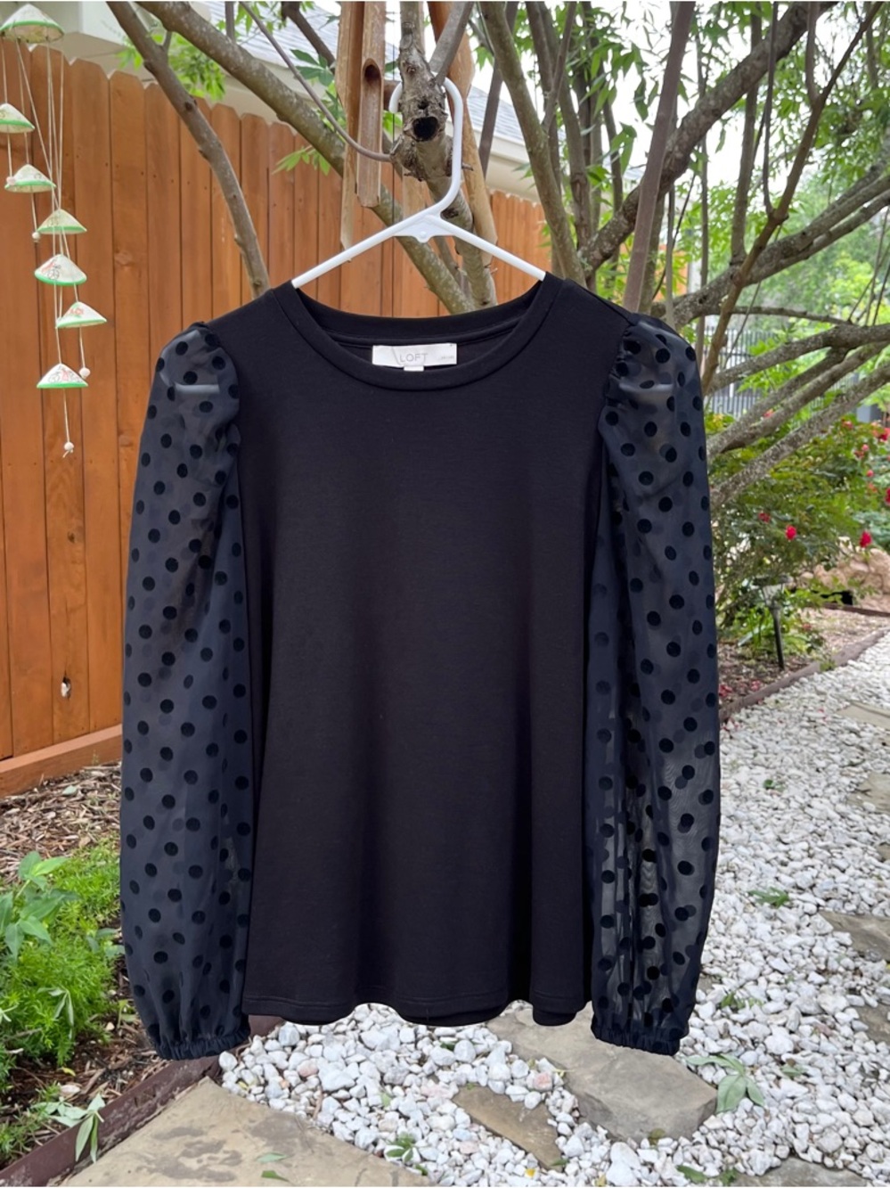 LOFT Black Puff-Sleeve Polka Dot Long Sleeve Top